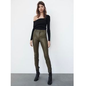 ZARA Faux Leather Pant Forest Green / Dark Khaki XS NWT